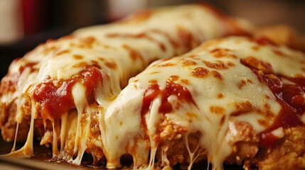 Crispy chicken parmesan covered in melted cheese and rich tomato sauce