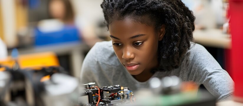 Teenage girl concentrating on robotics projects in class