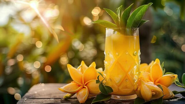 cool cocktail with carambola on the table. Selective focus