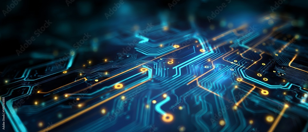 Poster high-resolution 2d illustration of an abstract futuristic electronic circuit background featuring gl