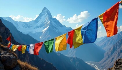 Vibrant prayer flags flutter in the wind against a mountain backdrop , textile, tradition