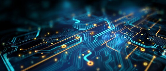 High-resolution 2D illustration of an abstract futuristic electronic circuit background featuring glowing neon traces, intricate digital pathways, and seamless mesh design for cutting-edge technology.