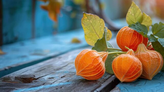 physalis fruits on a wooden table. Selective focus