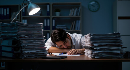 Fototapeta premium Exhausted businessman sleeping at desk surrounded by tall stacks of paperwork in dark office at night. Workplace burnout showing excessive workload and unhealthy work-life balance in corporate culture