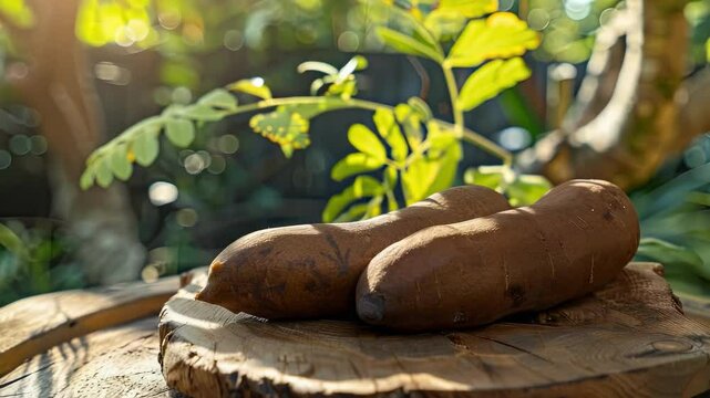 tamarind fruits on a wooden table. Selective focus