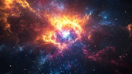 Naklejka premium Vibrant Cosmic Nebula in Deep Space with Fiery Colors and Starry Background