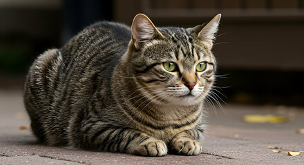 Naklejka premium tabby cat, cat, feline, Tabby Cat Resting on Patio