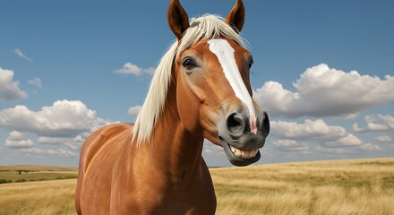 Obraz premium Smiling Horse Portrait in Field Under Blue Cloudy Sky