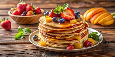 A stack of pancake tacos on a wooden table with syrup and fresh fruits , tacos, dessert,  tacos, dessert