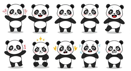 Naklejka premium Cartoon panda expressions set