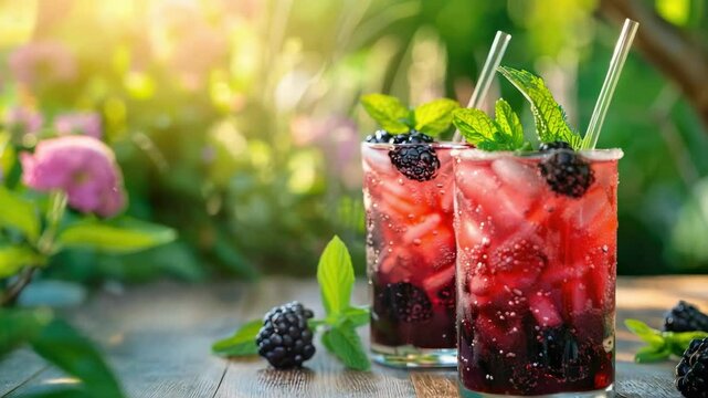 cool blackberry cocktail on the table. Selective focus
