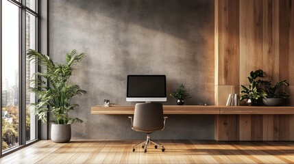 Modern minimalist home office desk, city view, wood, concrete wall, sunlight