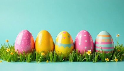 Fototapeta premium A colorful collection of Easter eggs arranged in a playful family-like formation , adorable, pattern