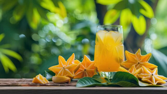 cool cocktail with carambola on the table. Selective focus