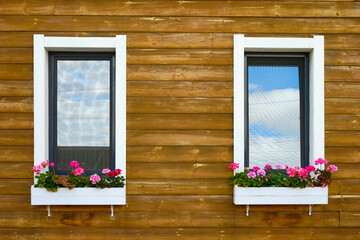 charming wooden house facade with two white-framed windows adorned with vibrant pink flowers beneath blue sky. rustic design perfect for home decor inspiration and architectural themes