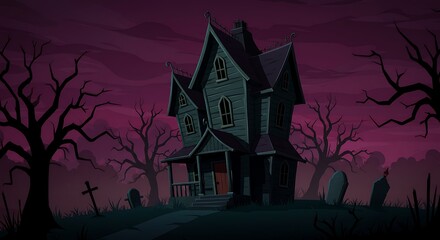 Spooky Haunted House Illustration at Night with Tombstones