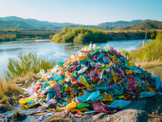 Plastic rubbish. Massive pile of colorful plastic waste in river bank, landfill. Recycling  litter, pollution, ecology, environmental responsibility concept. Copy space for text.
