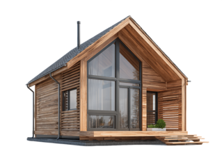 Modern Wooden House with Large Windows and Deck, PNG