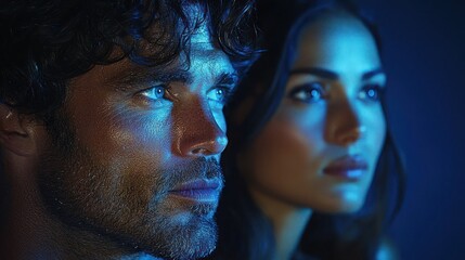 Fototapeta premium Close-up couple, intense gazes, lit by blue light