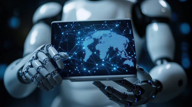 Robotic Hand Presenting Global Network on a Tablet Futuristic Technology Concept