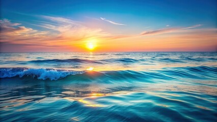 Obraz premium Gentle ocean waves on a soft blue gradient background at sunset, peaceful sunset