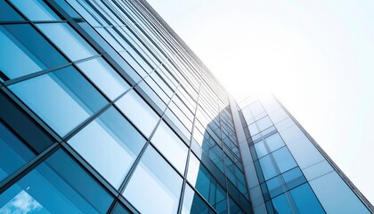 Obraz premium Contemporary office building facade with reflective glass surface and bright sunlight