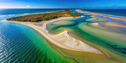 Aerial view of a remote beach with a stretching sandbar at high tide, solitude, vast space