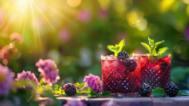 cool blackberry cocktail on the table. Selective focus