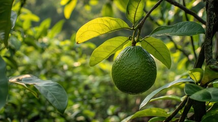 A Vibrant Green Avocado Hanging from its Branch, Basking in the Warm Sunlight of a Lush Tropical Orchard