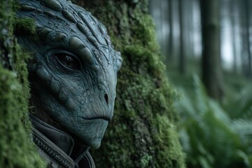 Mysterious alien encounters in a quiet woodland during twilight