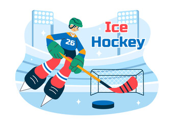 Obraz premium Ice Hockey Player Sport Vector Illustration featuring a Helmet, Stick, Puck, and Skates on an Ice Surface for Game or Championship in a Background