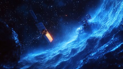 A deep-space satellite network transmitting data in glowing blue waves 