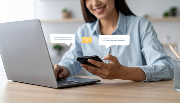 Customer using online service with chat bot to get support; notification for e-mail and message