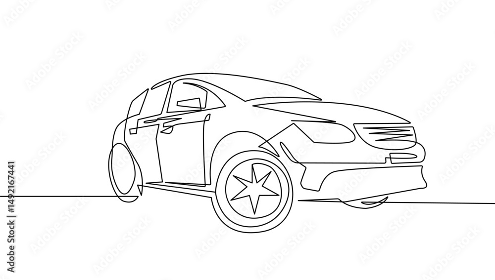Poster car continuous one line drawing. auto simple abstract black and white minimal single line art vector
