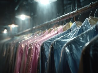 Clothes hanging on hangers in a store covered with clear plastic bags