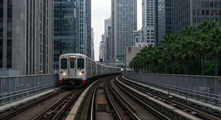 Naklejka premium train, city, skyline, Elevated Train Approaching City Skyline