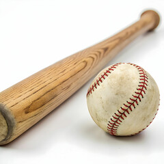 A cricket bat and ball isolated on a white background, showcasing the classic sports equipment