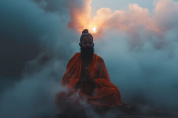 A spiritual guru meditates peacefully amidst the clouds at sunset, evoking a sense of calm. Generative AI
