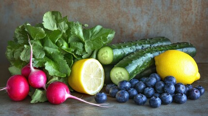 Vibrant Healthy Foods: Radishes, Cucumbers, Lemons, Blueberries, and Greens Still Life Photography