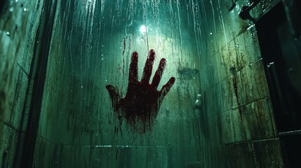 Bloody handprint on shower glass