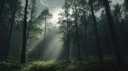 Obraz premium Mysterious forest scene with dramatic light and shadows in the trees under stormy skies