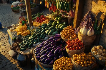 Vibrant Vegetable Market Stall at Golden Hour: A Colorful Display of Fresh Produce in Baskets