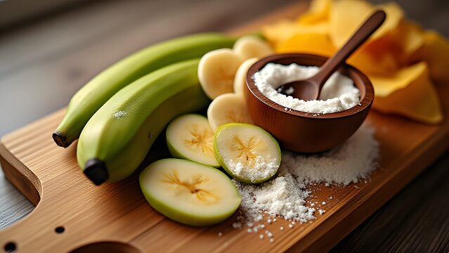 Green Bananas Sliced Apples Wooden Board Flour