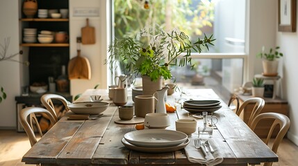 A Rustic and Elegant Dining Room with Natural Light and Earthy Tones