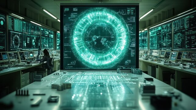 Futuristic command center with holographic displays