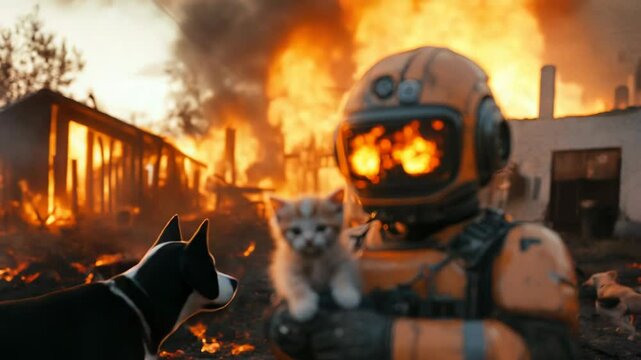 Futuristic robot saving a small kitten from a fire, symbolizing artificial intelligence in emergency rescue. Advanced robotics ensuring safety and protection in disaster scenarios