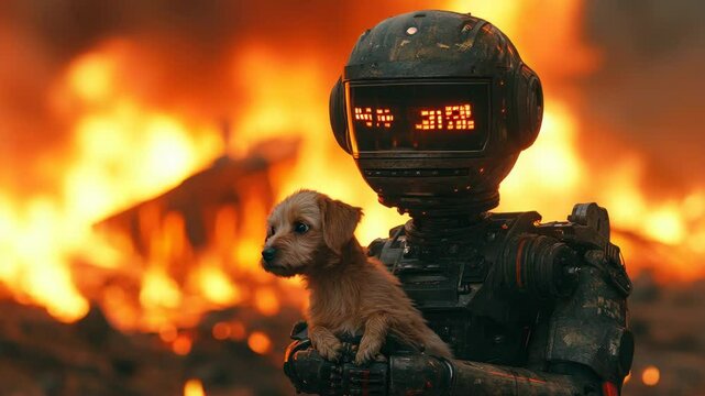 Humanoid robot rescuing a small dog from a burning house, representing the future of artificial intelligence and disaster response. Robotics in emergency situations ensuring protection and survival