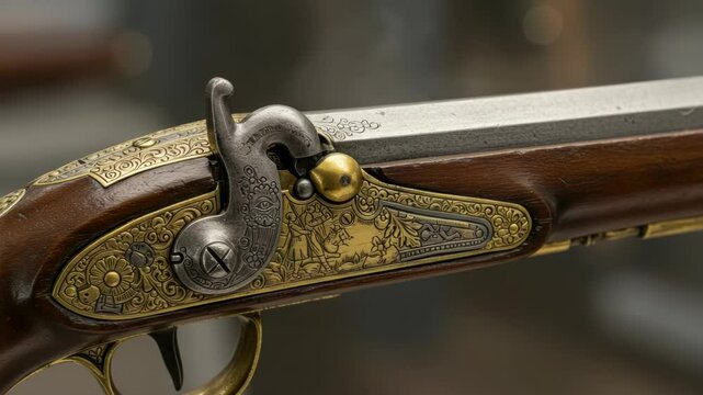 Vintage Flintlock Pistol Firing with Smoke Plume on Dark Background, Close-Up Shot