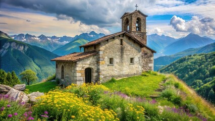 Fototapeta premium Ancient stone church perched on a hillside overlooking the Italian Alps