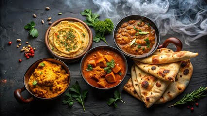 Steaming hot naan bread and assorted Indian curries on a dark black background
